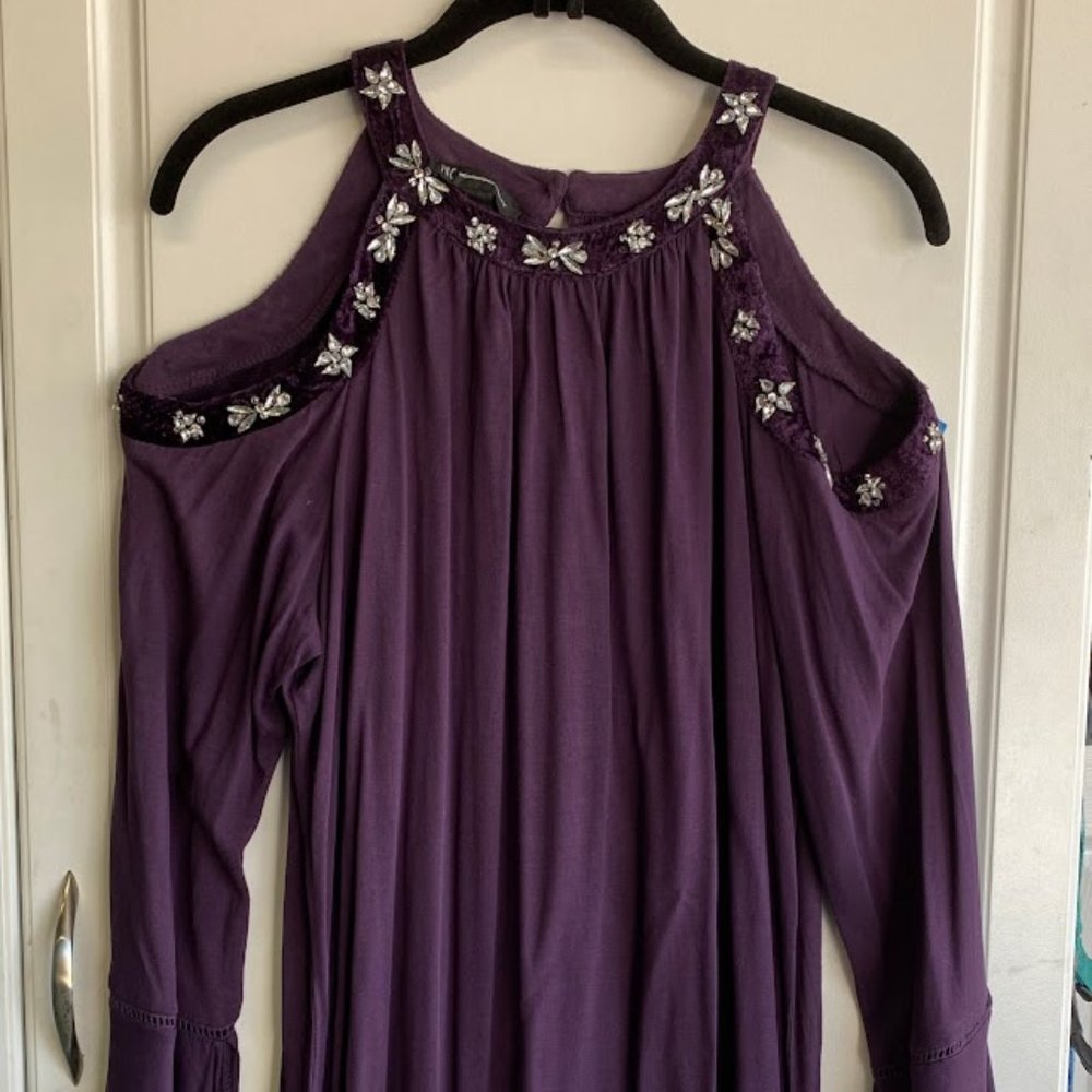 INC. Purple bare shoulder beaded top